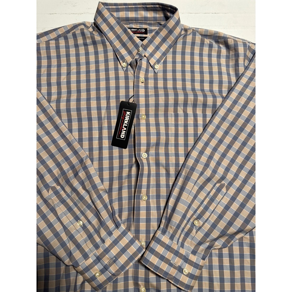 Kirkland Signature Button Down Shirt Mens 17.5 32/33 Blue Tan NEW Non-Iron Check